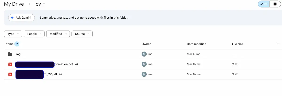 Google Drive cloud storage configuration showing raw CV PDF document retrieval setup for n8n AI ingestion layer.