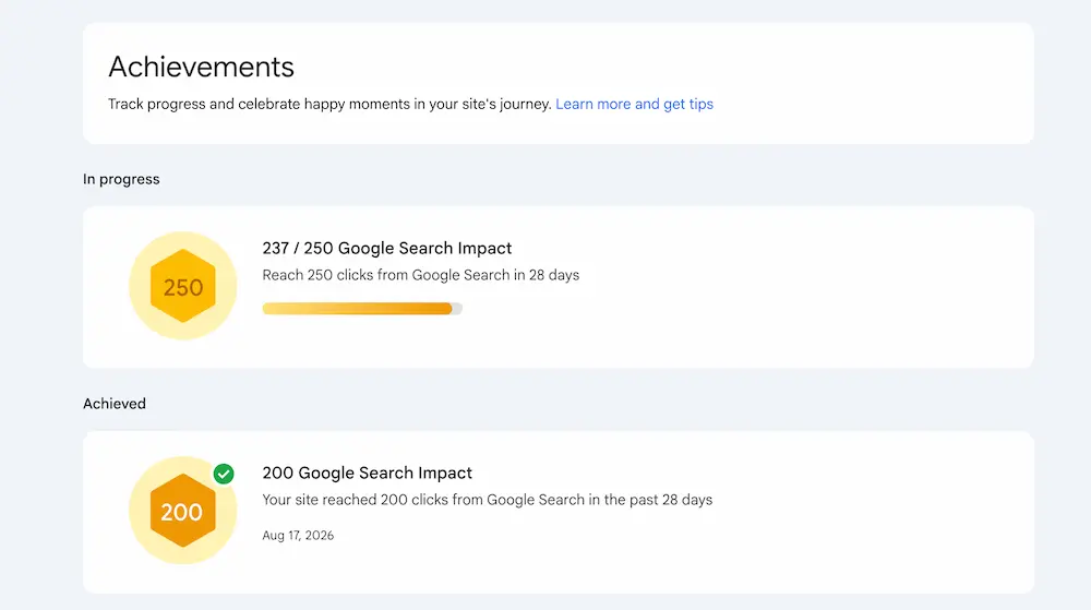 Google Search Console achievements section showing 250 organic search clicks milestone for Raseen UAE