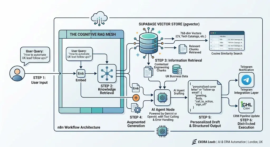Retrieval-Augmented Generation RAG workflow architecture diagram mapping Supabase pgvector embedding search and AI Agent node routing.
